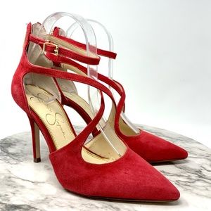 Jessica Simpson Wynnley red suede pointed toe multi-strap dress pump 7 event